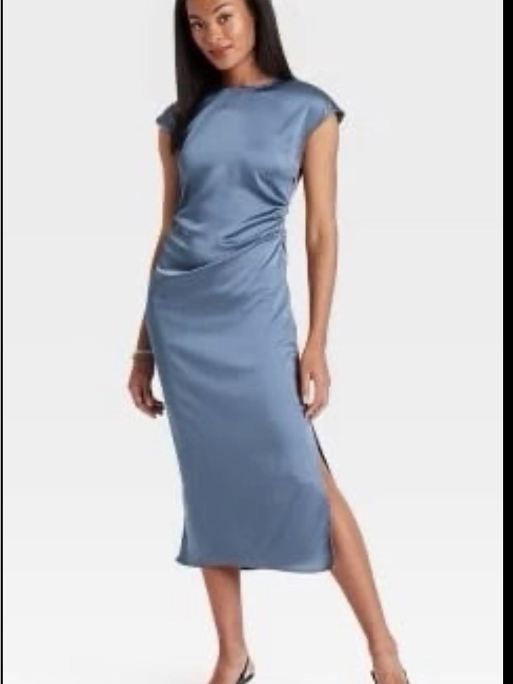 a new day Slate Blue Satin Midi Dress with Cap Sleeves